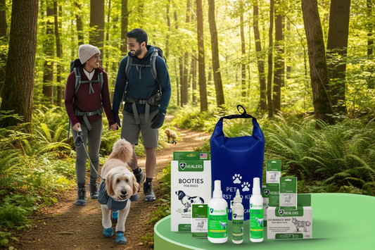 Healers PetCare first aid kit laid out on a summer trail — vet-approved paw protection guide for adventure dogs