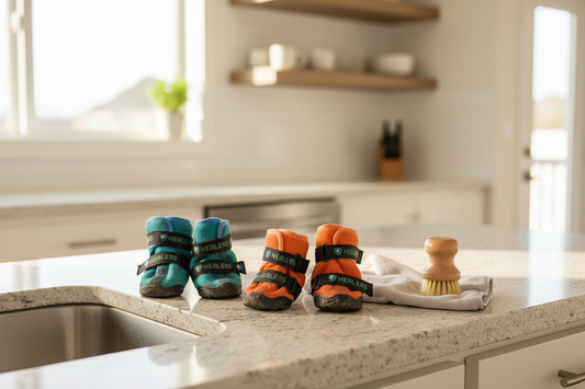Healers Urban Walkers teal and orange dog boots laid out for cleaning and maintenance at home