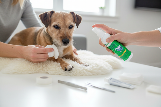 Person gently cleaning a dog's paw wound with a Healers Wound Cleanser spray bottle and gauze in a home setting