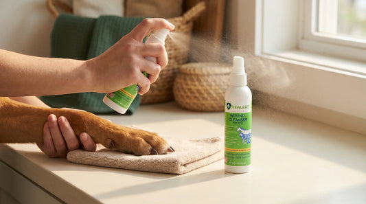 Step-by-step dog wound cleaning using a hypochlorous acid spray, showing a gentle, lick-safe antiseptic being applied to a minor paw injury.