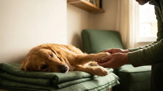 A relaxed dog at home illustrating that lick-safe hypochlorous acid wound care removes the worry when dogs lick a treated wound or skin area.