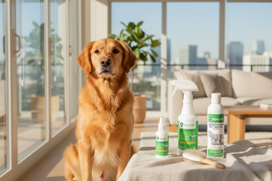 Golden retriever with Healers Eye and Ear Wash, Skin and Coat Grooming Spray, and Tea Tree Oil Shampoo arranged nearby with a grooming brush in a bright lifestyle setting