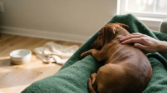 Dog with chronic skin condition being treated with a hypochlorous acid spray as part of a steroid-free daily skin care routine.