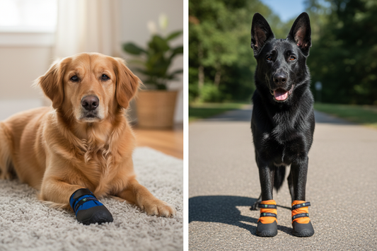 Split photo showing a dog wearing a blue Healers medical recovery boot indoors and an orange Healers Urban Walker boot outdoors — medical vs everyday dog boots guide
