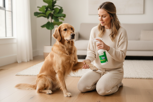 Person spraying a dog's paw with Healers Skin and Coat Grooming Solution as part of a daily paw cleaning routine
