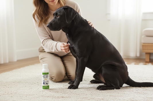 Person gently treating a hot spot on a black dog with Healers Natural Hot Spot Relief bottle nearby