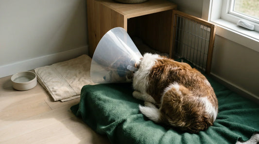 Gloved hands spraying a dog's surgical incision with HOCl wound cleanser as part of a twice-daily post-op home care routine.