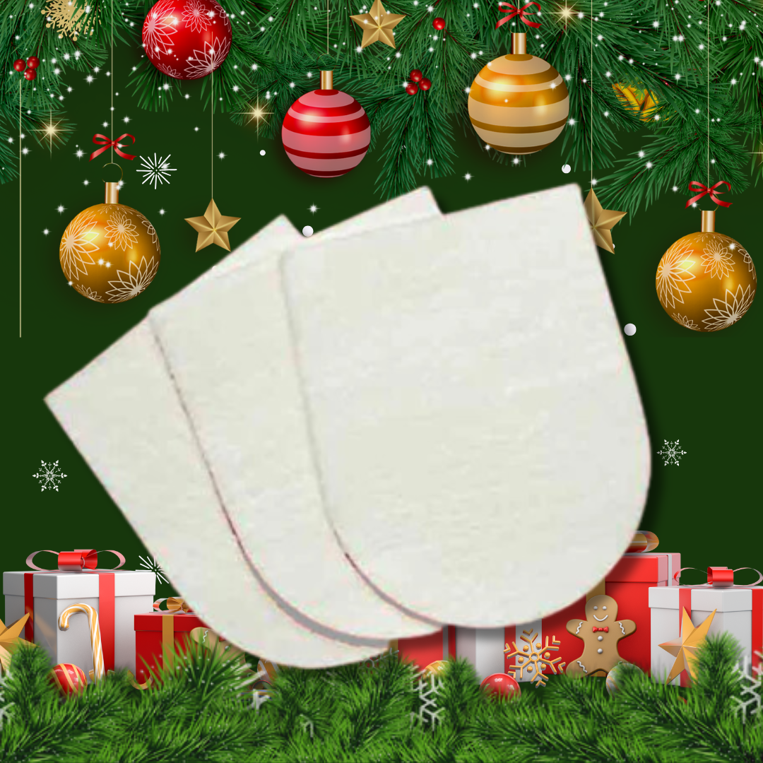 Three white Healers Gauze pads, u-shaped, surrounded by Christmas ornaments, snowflakes, and gift boxes. Holiday-themed product image.
