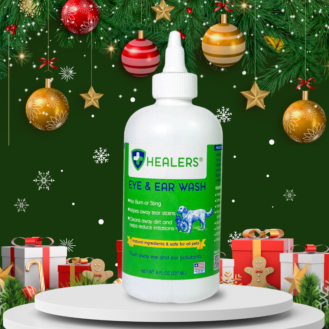 Healers Eye and Ear Wash for pets, 8 oz bottle displayed with Christmas decorations and gifts, promoting pet health during the holiday season.