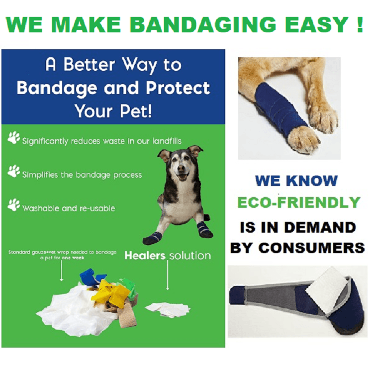 Healers ad with green and blue panels. Shows dog, blue wrap on dog's leg, gauze pads, and pile of trash. Text emphasizes easy, eco-friendly bandaging. 'We make bandaging easy!' headline.