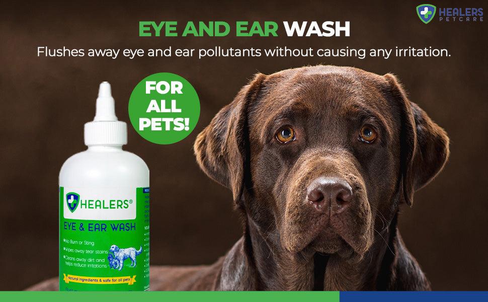 Healers Eye and Ear Wash for all pets, shown with a chocolate Labrador; gently flushes eye and ear pollutants without irritation.