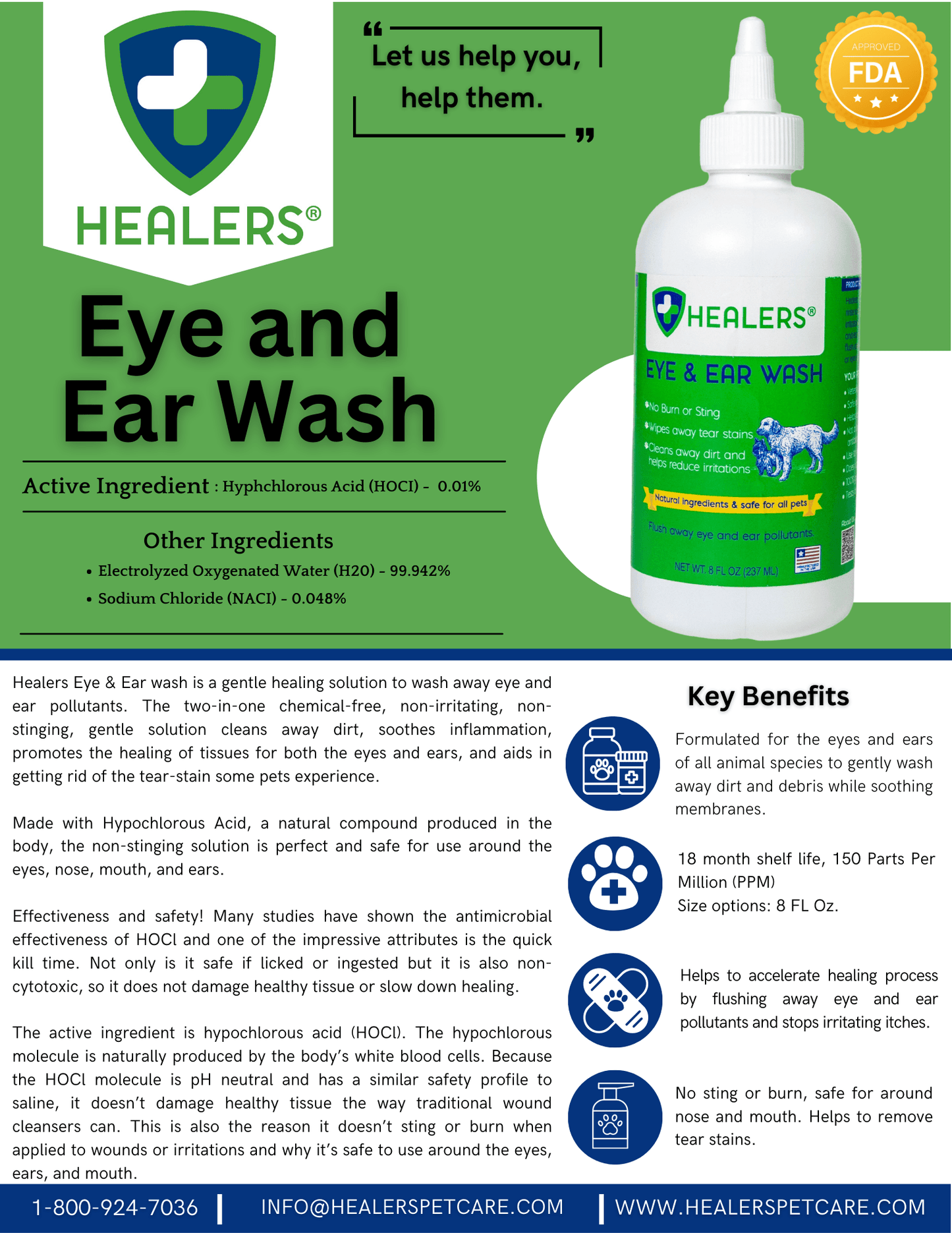 Healers Eye and Ear Wash for pets, 8 oz gentle formula with hypochlorous acid, safe for eyes, nose, and ears; FDA approved and chemical-free.