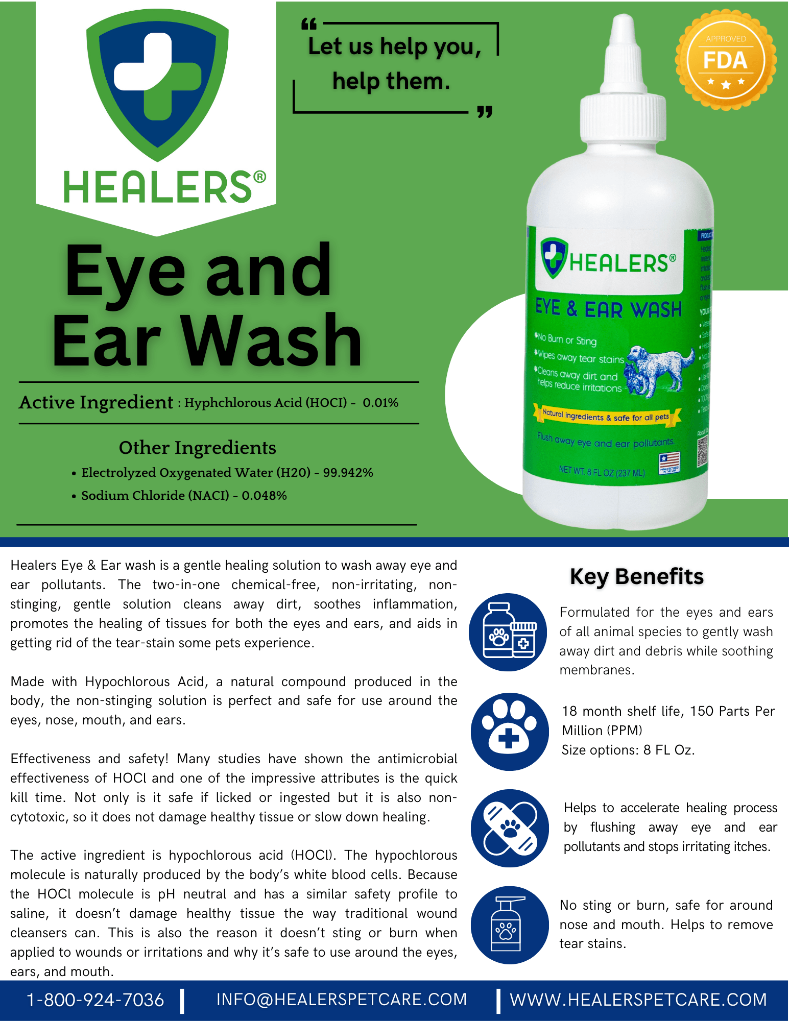 Healers Eye and Ear Wash for pets, 8 oz gentle formula with hypochlorous acid, safe for eyes, nose, and ears; FDA approved and chemical-free.