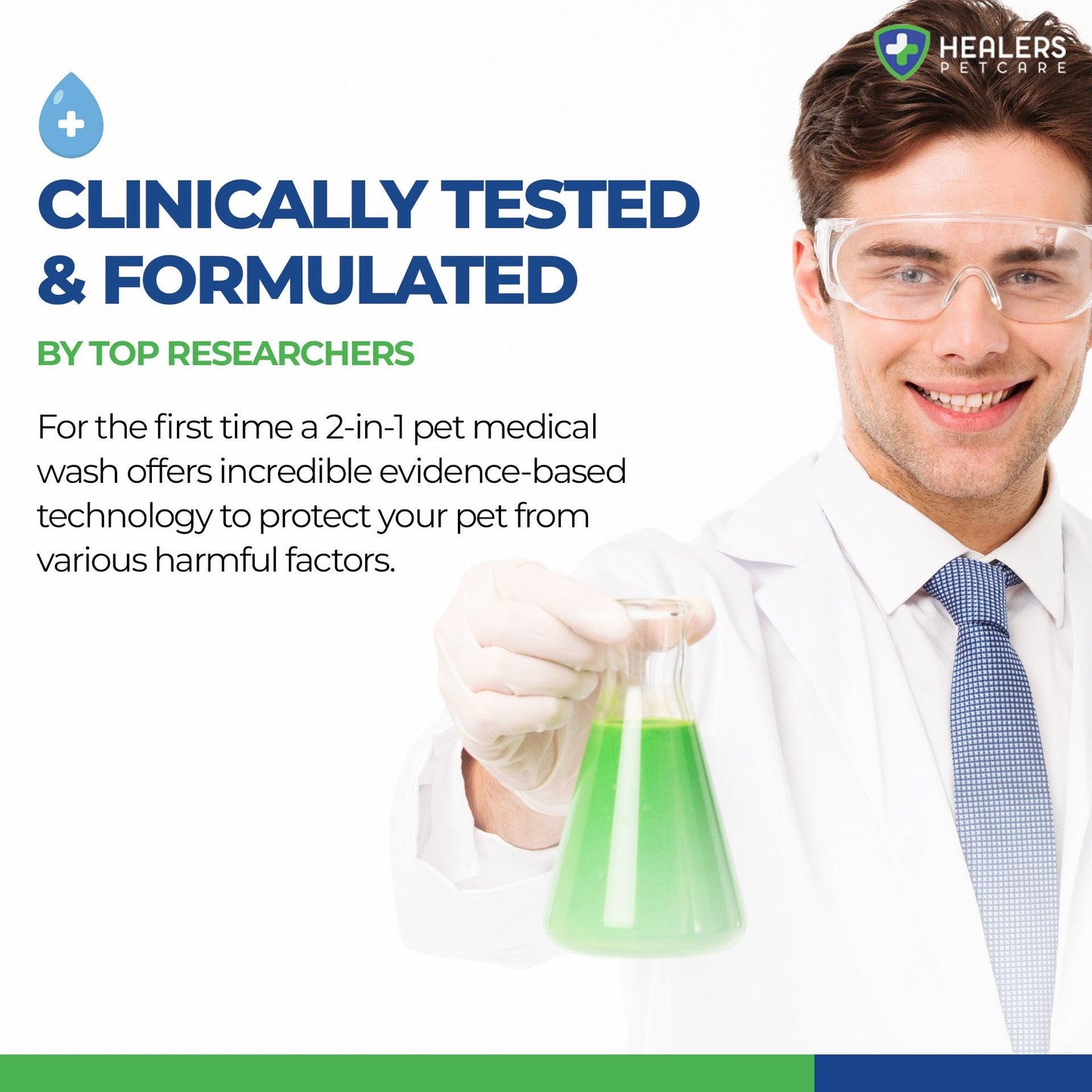 Scientist showcasing clinically tested 2-in-1 pet medical wash by Healers PetCare, formulated with evidence-based technology for pet protection.