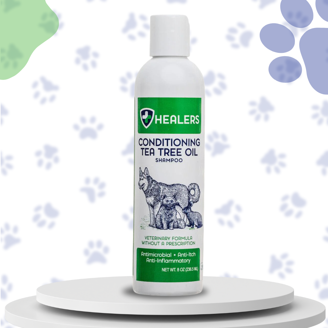 Bottle of Healers Conditioning Tea Tree Oil Shampoo, a veterinary formula for pets, highlighting antimicrobial, anti-itch, and anti-inflammatory properties.