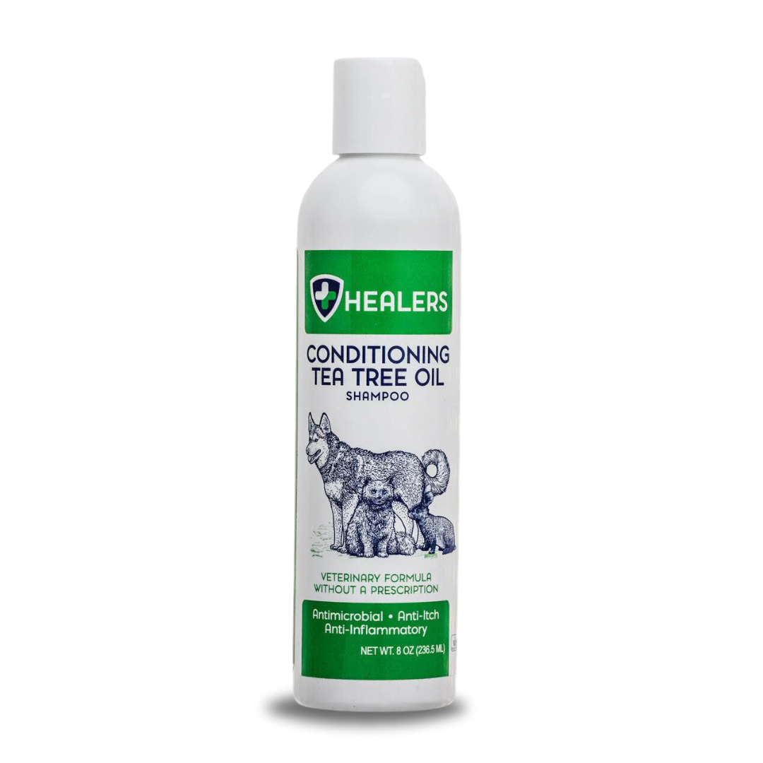 White bottle of Healers Conditioning Tea Tree Oil Shampoo for pets, highlighting its veterinary formula and benefits such as antimicrobial, anti-itch, and anti-inflammatory properties.