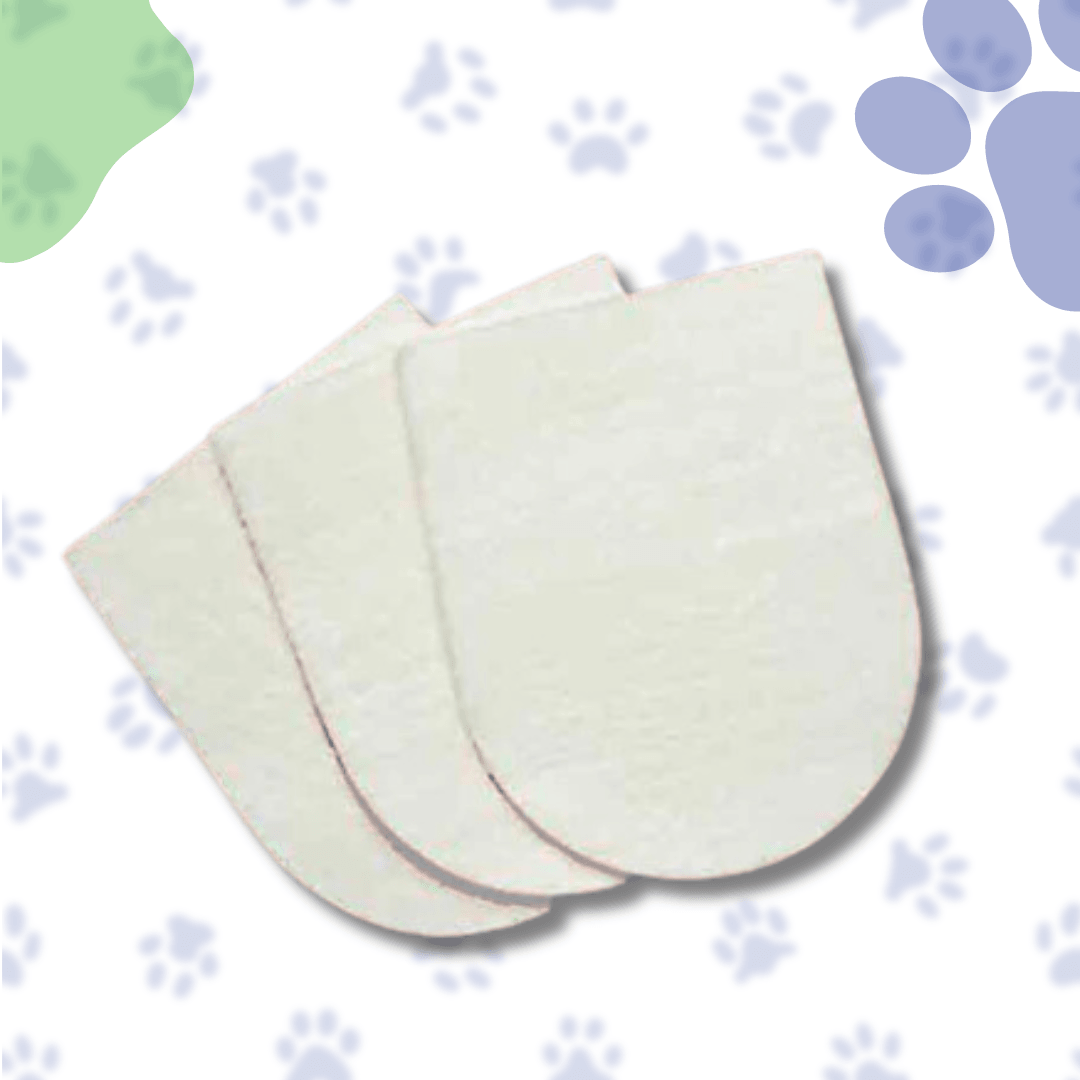 Close-up of three white, soft-looking Healers Gauze pads, u-shaped. Light background with blue and green paw prints.