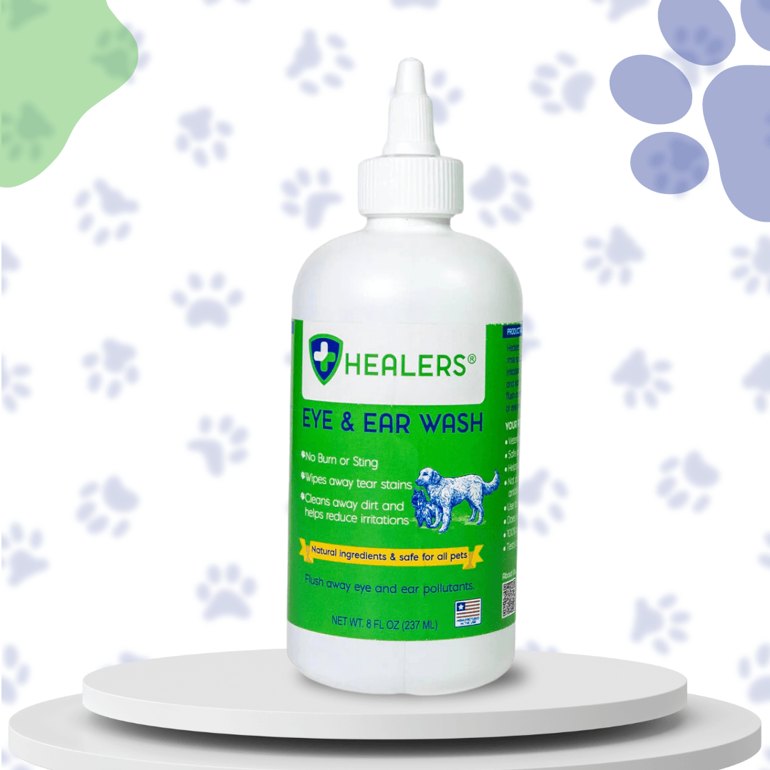 Healers Eye & Ear Wash for pets, a no-burn and no-sting formula that wipes away tear stains, cleans dirt, and helps reduce irritations in pet eyes and ears.