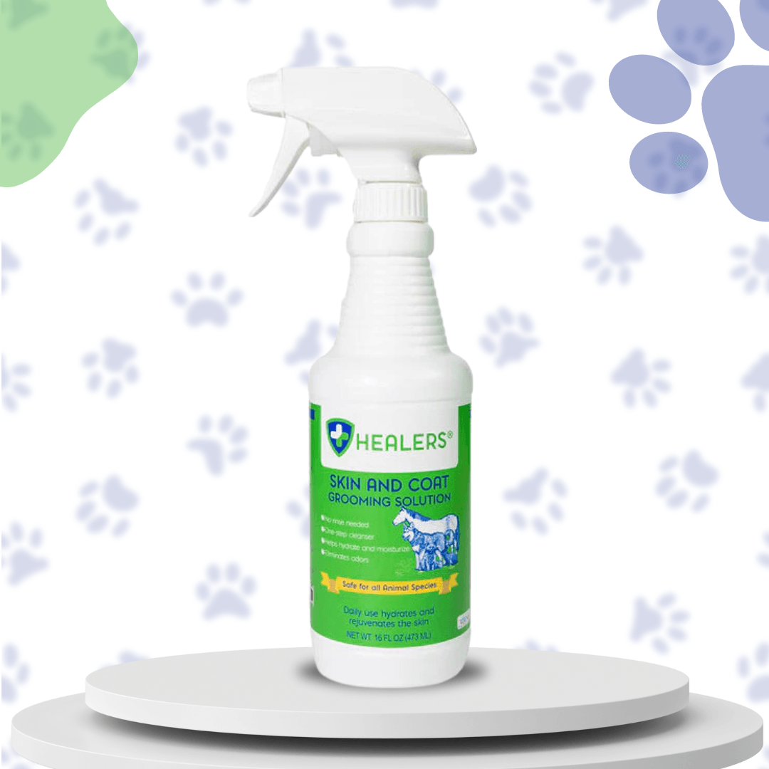 Healers Skin and Coat Grooming Solution in a white spray bottle, formulated to improve the appearance and health of your pet's coat, making it soft and manageable.