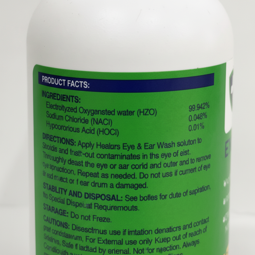 Bright close-up of Healers Eye & Ear Wash back label showing ingredients and directions clearly