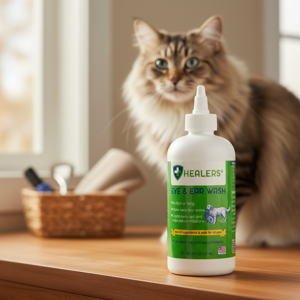 Healers Eye & Ear Wash bottle on grooming shelf with fluffy cat in background