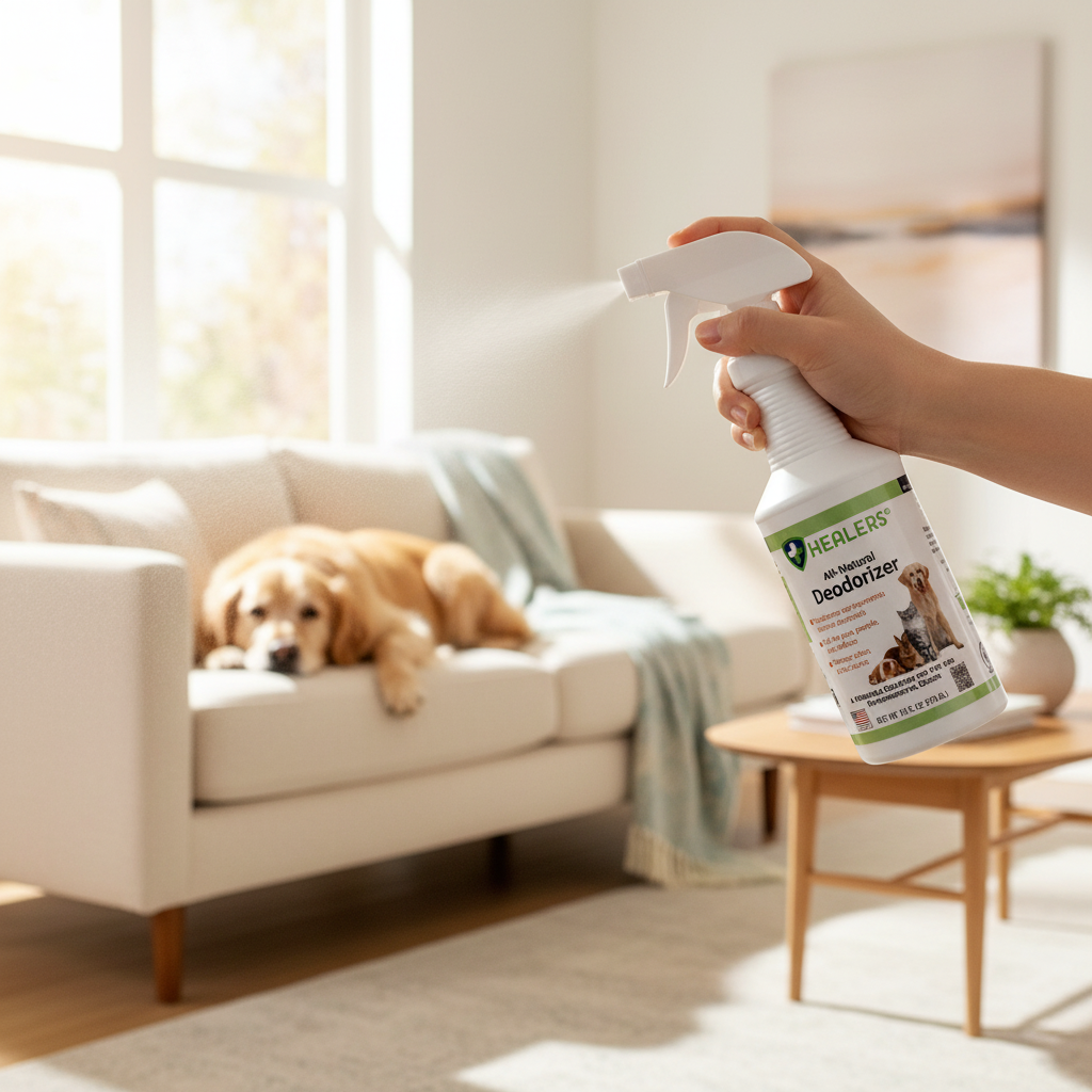 Healers All-Natural Home Deodorizer Spray in a bright modern living room with a golden retriever on the couch