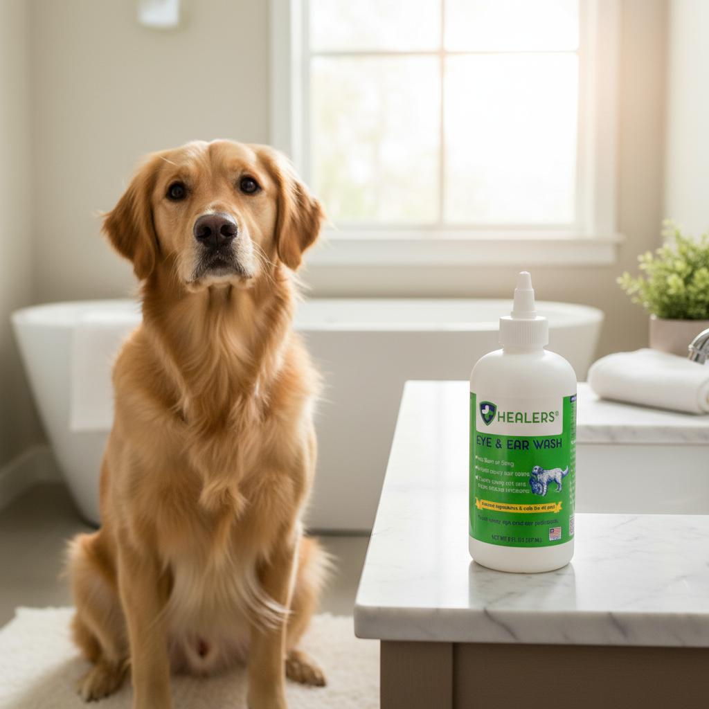 Healers Eye & Ear Wash bottle on bathroom counter with golden retriever nearby