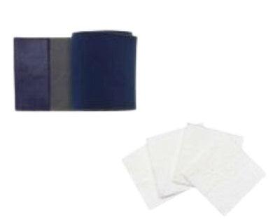 Blue and grey Healers wrap, rolled up, next to a small stack of white Healers gauze pads. Both products on a plain white background.