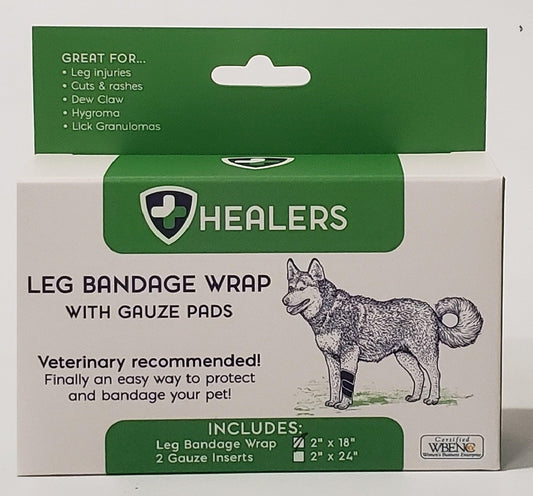 Healers Leg Bandage Wrap box, showing dog illustration and product uses. Includes gauze pads. Green and white packaging with Healers logo.