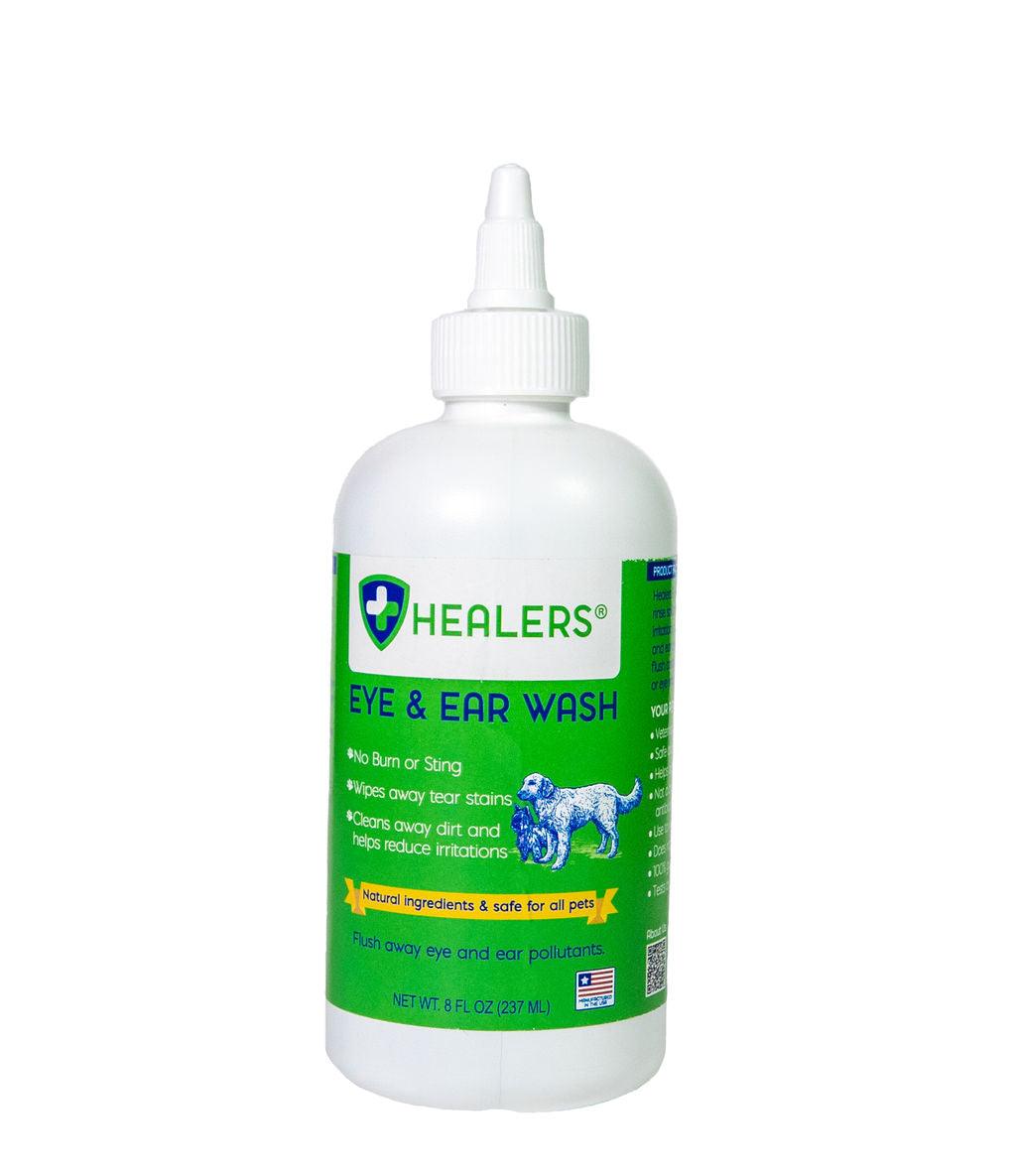 Healers Eye and Ear Wash for pets, 8 oz bottle with natural ingredients for cleaning dirt, tear stains, and reducing irritation