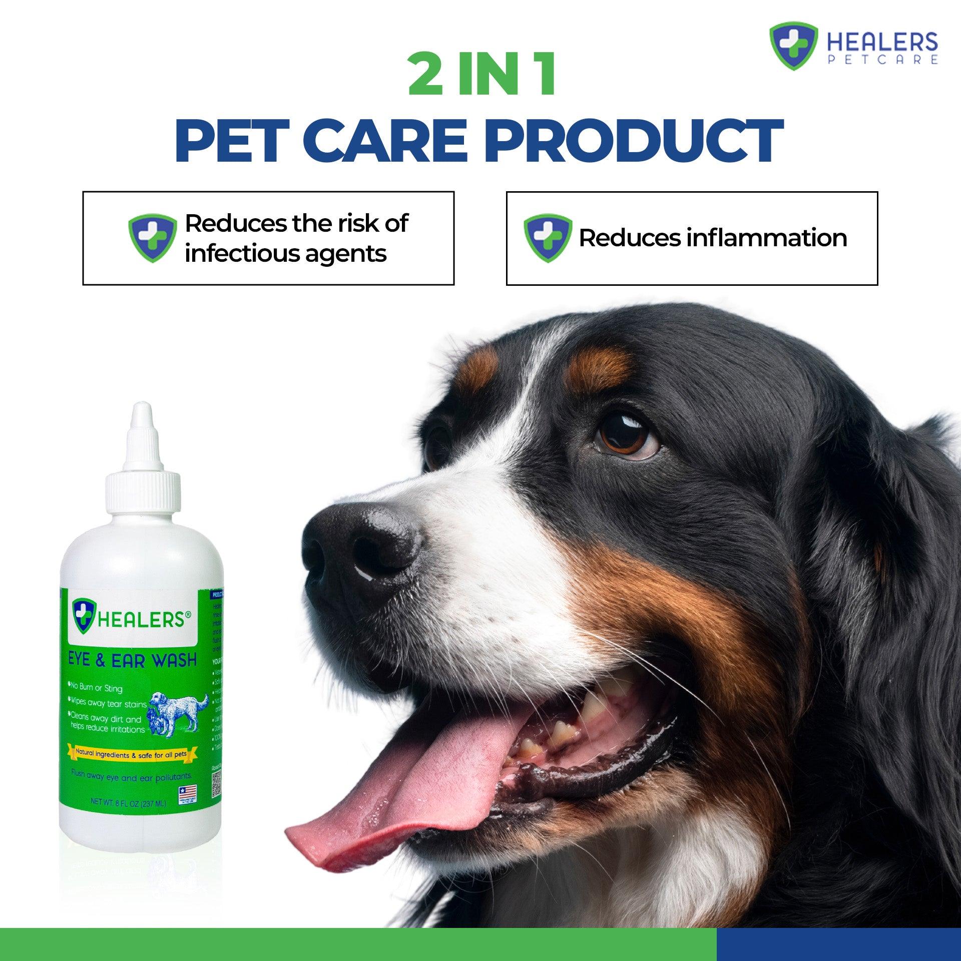 Healers Eye and Ear Wash 2-in-1 pet care product with large dog, promotes pet health by reducing infection risks and inflammation.