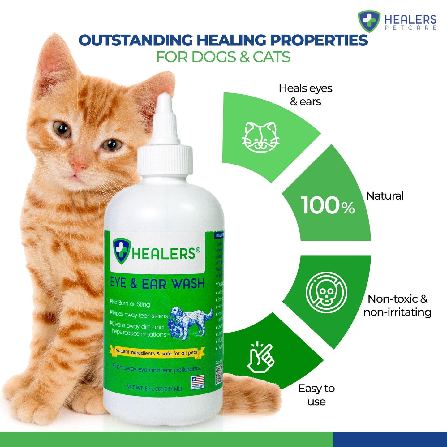 Healers Eye and Ear Wash for dogs and cats, 100% natural, non-toxic, easy-to-use formula that heals and soothes pet eyes and ears.