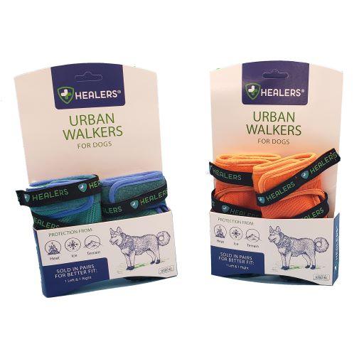Healers Urban Walkers dog boots in blue and orange colors, sold in pairs with protection from heat, ice, and rough terrain, designed for outdoor paw safety